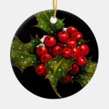 Holly Berries: Christmas Painting on Black: Art Christmas Ornaments