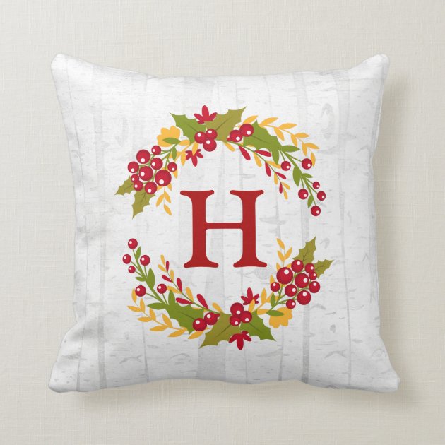 Holly Berries Wreath Monogrammed Family Wishes Throw Pillows