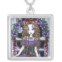 holly, christmas, xmas, party, fairy, purple, flowers, moon, snow, fantasy, myka, jelina, big, eyed, art, Necklace with custom graphic design