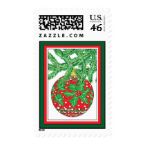 Holly Glass Ball Ornament on Christmas Tree Postage Stamps