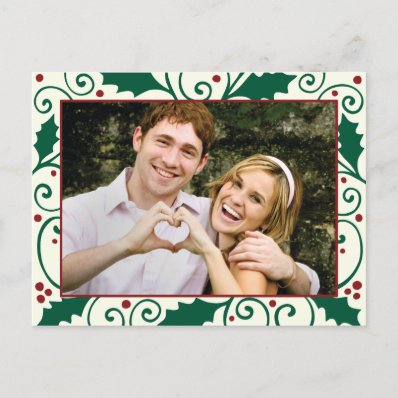 Holly Holiday Green & Red on Cream Photo Postcard