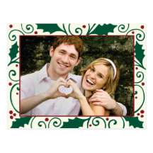 Holly Holiday Green & Red on Cream Photo Postcard