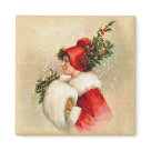 square_magnet - This lovely vintage lady is dressed in her Christmas best with her Holly trimmed hat and white fur muff and collar.: Sizes 