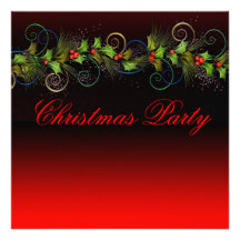 Holly Red Black Christmas Party Invitations