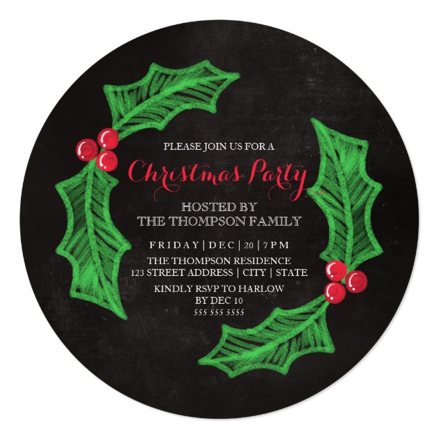 Holly Wreath Chalkboard Christmas Party Card (front side)