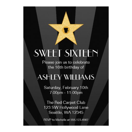 Hollywood Nights Gold Star Sweet 16 Birthday Custom Announcements (front side)
