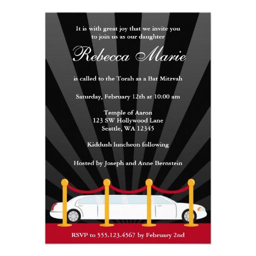 Hollywood Red Carpet Limo Bat Mitzvah Invitation (front side)