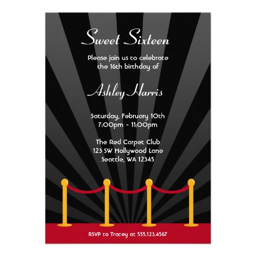 Hollywood Red Carpet Sweet 16 Birthday Party Invites (front side)