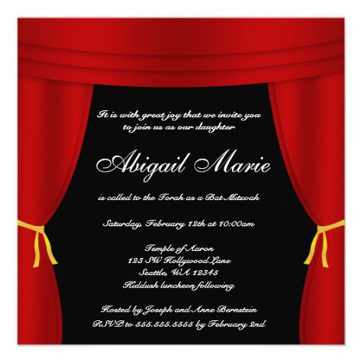 Hollywood Red Curtain Bat Mitzvah Announcement (front side)