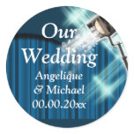 Hollywood wedding announcement couple blue round sticker