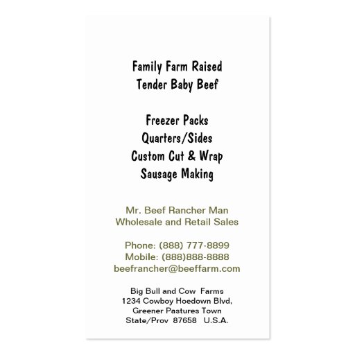 Holstein Veal Baby Beef Farm Business Cards (back side)