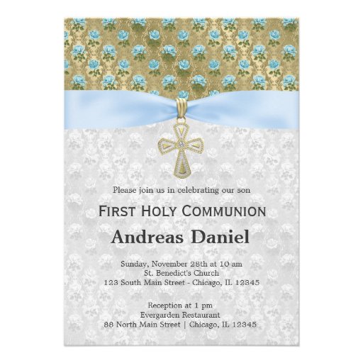 Holy Communion roses on antique gold (Blue) Invitation