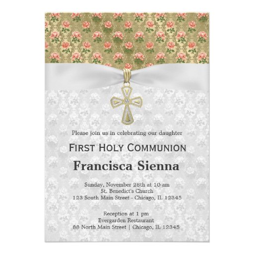 Holy Communion roses on antique gold Personalized Invitation