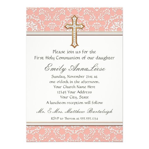 Holy First Communion Gold Golden Cross Lace Girl Custom Invitation (front side)