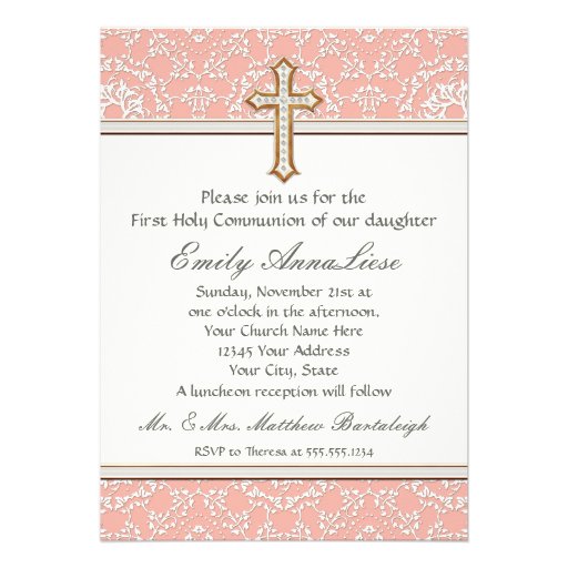 Holy First Communion Gold Golden Cross Lace Girl Custom Invitation