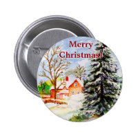 "Home for Christmas" Snowy Winter Scene Watercolor Buttons