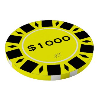 This yellow $1000 poker chip features a diamond and square pattern edge and is fully customizable; change the chip value and color, add your initials or monogram to uniquely brand them.