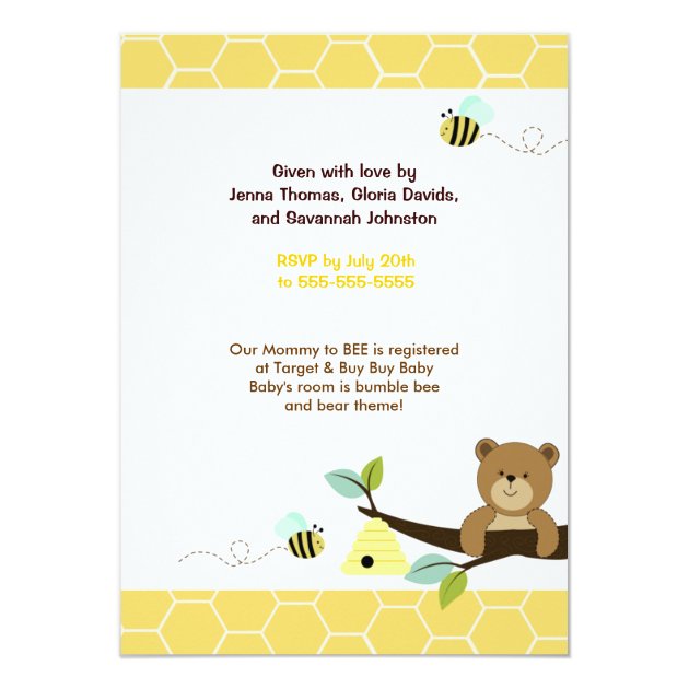 Honey Bear and Bee Baby Shower Invitation 4x6