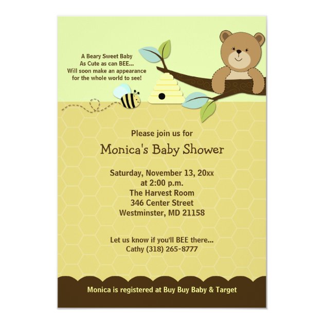 Honey Bear & Bumble Bee Baby Shower Invitation (front side)