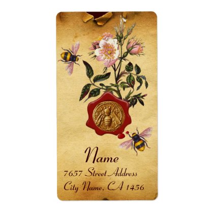HONEY BEE AND WILD ROSES ,BEEKEEPER RED WAX SEAL PERSONALIZED SHIPPING LABELS