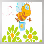 honey bee collecting honey in garden cartoon posters