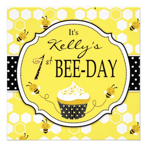 Honey Bee Cupcake First Birthday Invitation 2