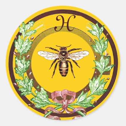 HONEY BEE ,WREATH WITH OAK LEAVES MONOGRAM ROUND STICKERS