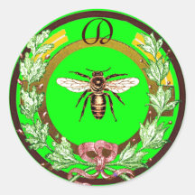 HONEY BEE ,WREATH WITH OAK LEAVES  MONOGRAM ROUND STICKER