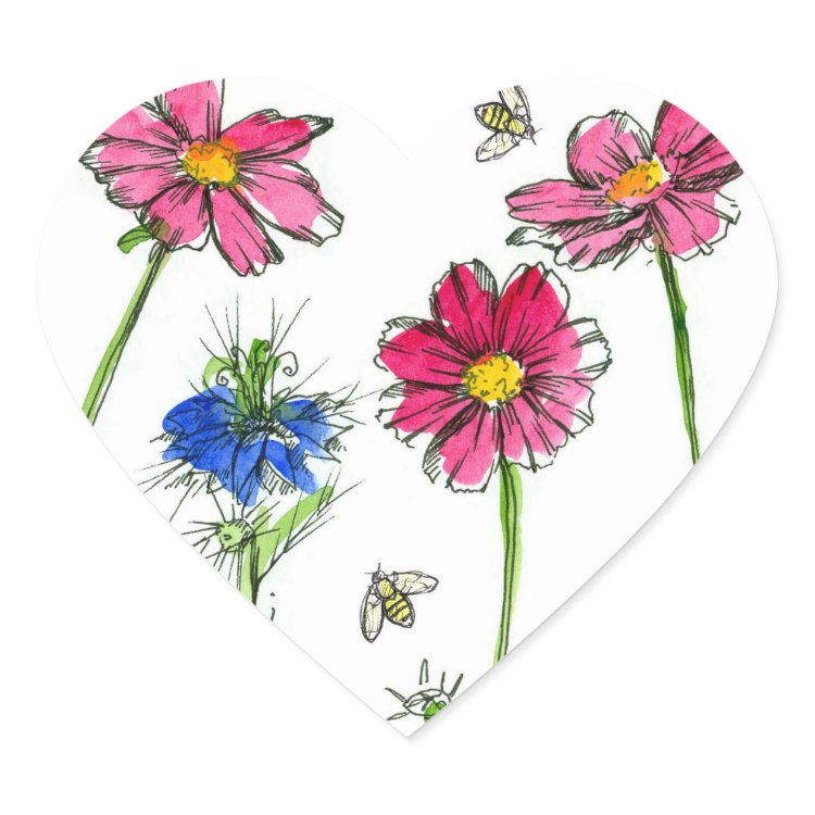 Honey Bees Nigella Pink Cosmos Watercolor Flowers