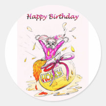 Honey Bunny Happy Birthday fun pink drawing card Round Stickers