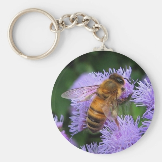 Honeybee on Purple Ageratum Flowers Keychain