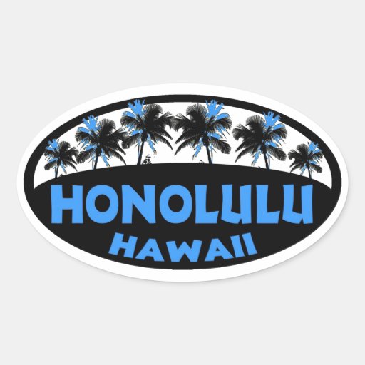 Honolulu Hawaii blue black palms oval stickers Zazzle