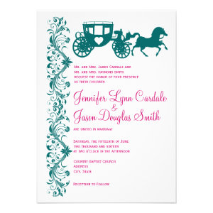 Horse and Carriage Teal Magenta Wedding Invitation