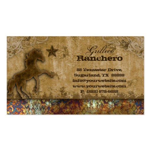 Horse Business Card Western Vintage Damask Rust (back side)