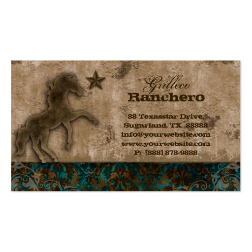 Horse Business Card Western Vintage Damask Teal (back side)