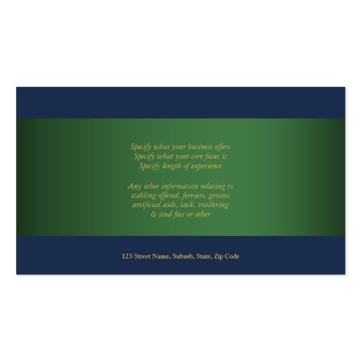 Horse business marketing blue gold green business card template (back side)