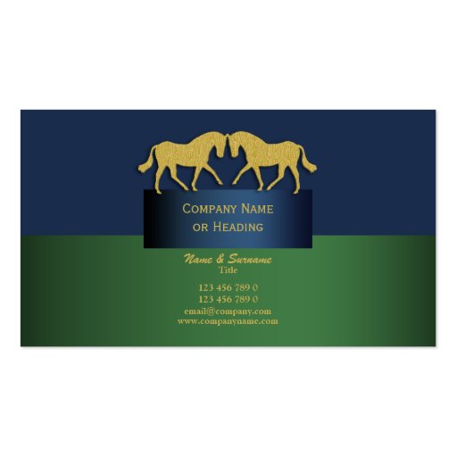 Horse business marketing blue gold green business card template (front side)