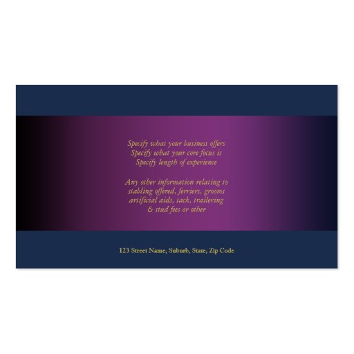 Horse business marketing blue purple gold business card (back side)