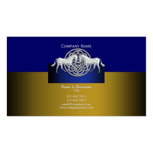 Horse business marketing gold blue white celtic business cards (front side)