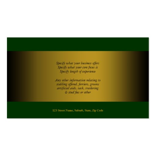 Horse business marketing gold green business cards (back side)