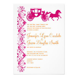 Horse Carriage Hot Pink Orange Wedding Invitations
