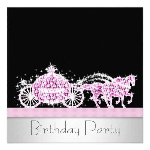 Horse Carriage Pink Black Princess Birthday Party Personalized Announcement