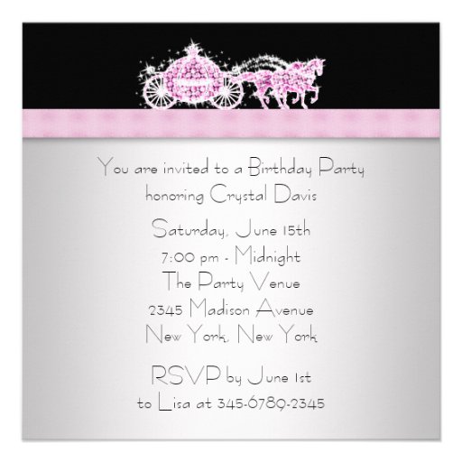Horse Carriage Pink Black Princess Birthday Party Personalized Announcement