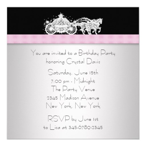 Horse Carriage Pink Black Princess Birthday Party Personalized Invite
