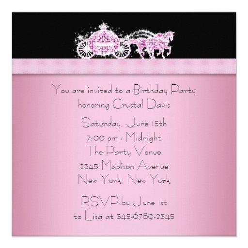 Horse Carriage Pink Black Princess Birthday Party Personalized Invite