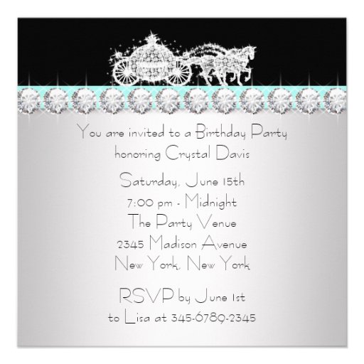 Horse Carriage Teal Blue Princess Birthday Party Personalized Invites