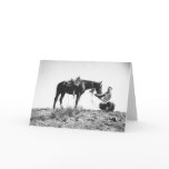 Horse eating from a cowboy's hat cards