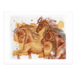 Horse Herd On Gold Wash Watercolor Postcard