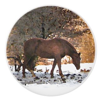 Horse in Winter Snow Ceramic Knob