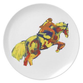 Horse Jumping Abstract Red Yellow Blue theme plate